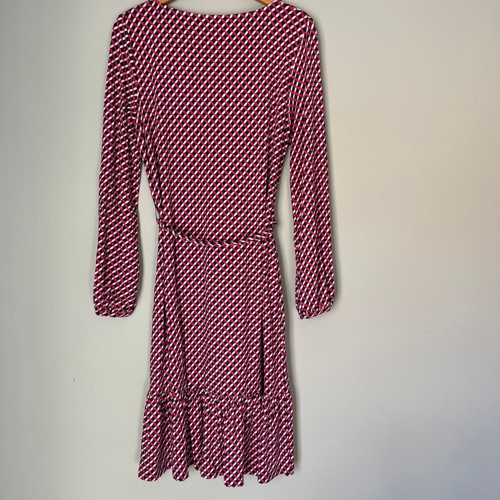 BODEN Jersey Dress Women's 10 Pink Navy Geometric Long Sleeve Ruffle Tie Waist - Picture 4 of 7
